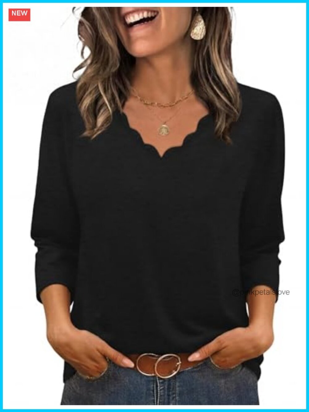 Womens 3/4 Sleeve Scalloped V-Neck Blouse Dressy Casual Tunic Top